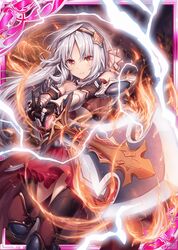  1girl akkijin armor bare_shoulders card_(medium) fire frilled_skirt frills lightning long_hair looking_at_viewer official_art orange_eyes serious shinkai_no_valkyrie silver_hair skirt solo sword thigh-highs weapon 