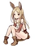  1girl animal_ears backless_outfit bangs bare_legs belt blonde_hair blush boots bridal_gauntlets collarbone elbow_gloves erun_girl erune eyebrows_visible_through_hair flat_chest gloves granblue_fantasy green_eyes knees_together_feet_apart knees_up leg_hug long_hair looking_at_viewer parted_bangs side_slit simple_background smile solo souryuu white_background 