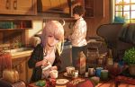  1boy 1girl ahoge blue_eyes bread breasts brown_eyes brown_hair coffee coffee_mug commentary cookie cowboy_shot cup cutlery english_commentary food from_behind grey_hair highres indoors kitchen long_hair long_sleeves looking_at_another looking_back looking_down milk morning mug nekojira original pancake pants plant revision shadow shiny shiny_hair shirt short_hair smile standing sugar_cube toaster turtleneck white_hair white_shirt window 