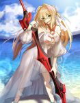  1girl aestus_estus ahoge bangs beach bead_bracelet beads bikini blue_sky bracelet braid breasts criss-cross_halter dress eyebrows_visible_through_hair fate/extra fate/grand_order fate_(series) french_braid gown green_eyes hair_between_eyes hair_intakes halterneck highres hips jewelry large_breasts legs lens_flare liu_liu long_hair looking_at_viewer nero_claudius_(fate)_(all) nero_claudius_(swimsuit_caster)_(fate) ocean outdoors red_bikini see-through sky smile solo striped striped_bikini sunlight swimsuit 