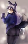  1girl \n/ absurdres animal_ears ass bangs black_gloves black_legwear blue_jacket blue_skirt brown_eyes closed_mouth cowboy_shot fox_ears fox_tail from_behind fur-trimmed_sleeves fur_trim gloves gradient_hair grey_background highres jacket kemono_friends kirikan long_hair long_sleeves looking_at_viewer looking_back multicolored_hair panties panties_under_pantyhose pantyhose pleated_skirt silver_fox_(kemono_friends) silver_hair skirt skirt_lift solo standing tail thighband_pantyhose underwear 