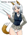  1girl animal_ears aono3 bangs black_vest brave_witches brown_eyes character_name commentary_request cowboy_shot crotch_seam dress_shirt edytha_rossmann eyebrows_visible_through_hair fox_ears fox_tail grey_jacket hand_on_hip head_tilt holding jacket looking_at_viewer military military_uniform no_pants open_mouth panties pointer shirt short_hair silver_hair simple_background smile solo standing tail underwear uniform vest white_background white_panties white_shirt wing_collar world_witches_series 