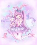  1girl ;) animal_ears ballet_slippers blush cia0_cia disney dress flower full_body hair_flower hair_ornament hand_up holding holding_stuffed_animal jewelry kneeling long_hair moon_pendant one_eye_closed pendant personification pink_slippers purple purple_dress rabbit_ears slippers_removed smile star stellalou stuffed_animal stuffed_bunny stuffed_toy tutu twintails violet_eyes 