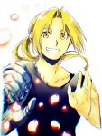  1boy automail black_shirt blonde_hair blurry edward_elric fullmetal_alchemist hands_up happy looking_at_viewer male_focus petals ponytail shirt simple_background sleeveless smile upper_body white_background yellow_eyes 