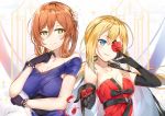  2girls alternate_costume alternate_hairstyle arm_across_waist bangs bare_shoulders black_gloves blonde_hair blue_dress blue_eyes blush breasts brown_hair casual choker cleavage closed_mouth collarbone dress elbow_gloves eyebrows_visible_through_hair eyepatch finger_to_eyewear flower flower_eyepatch ginn_(hzh770121) girls_frontline gloves green_eyes hair_between_eyes hair_flower hair_ornament hair_rings hand_on_own_chin jacket jacket_on_shoulders large_breasts long_hair looking_at_viewer low-tied_long_hair m1903_springfield_(girls_frontline) multiple_girls open_mouth petals reaching_out red_dress ribbon sidelocks signature small_breasts smile strap strapless strapless_dress tareme vz.61_(girls_frontline) 