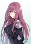  1girl bodysuit breasts covered_navel fate/grand_order fate_(series) from_side hair_intakes large_breasts long_hair looking_at_viewer pauldrons purple_bodysuit purple_hair red_eyes scathach_(fate/grand_order) shoukaki_(earthean) shoulder_armor simple_background smile smirk 