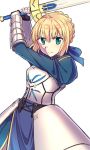  &gt;:( 1girl ahoge aqua_eyes armor armored_dress arms_up artoria_pendragon_(all) bangs black_gloves blonde_hair blue_dress blue_ribbon blush braid breastplate closed_mouth dress excalibur eyebrows eyebrows_visible_through_hair fate/stay_night fate_(series) french_braid gauntlets gloves hair_between_eyes hair_ribbon highres holding holding_sword holding_weapon long_sleeves puffy_long_sleeves puffy_sleeves ribbon saber short_hair simple_background single_braid solo sword turtleneck v-shaped_eyebrows wagashi928 weapon white_background 