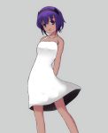  1girl :d arms_behind_back bare_arms bare_shoulders black_hairband blush collarbone dress fate/prototype fate/prototype:_fragments_of_blue_and_silver fate_(series) grey_background hairband hassan_of_serenity_(fate) head_tilt mitchi open_mouth purple_hair simple_background sleeveless sleeveless_dress smile solo standing violet_eyes white_dress 