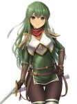  1girl armor ass_visible_through_thighs bangs belt breastplate brown_legwear closed_mouth covered_navel cowboy_shot elbow_gloves eyebrows_visible_through_hair fire_emblem fire_emblem:_mystery_of_the_emblem gloves green_eyes green_hair hand_on_hip headband highres holding holding_sword holding_weapon inanaki_shiki long_hair looking_at_viewer pantyhose paola pegasus_knight scabbard sheath shoulder_armor side_slit sidelocks simple_background smile solo sword thigh-highs thigh_gap unsheathed weapon white_background 