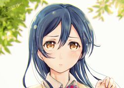  1girl blue_hair blush bow bowtie brown_eyes collared_shirt hair_between_eyes hand_up leaf long_hair love_live! love_live!_school_idol_project otonokizaka_school_uniform parted_lips portrait red_neckwear shirt signature solo sonoda_umi striped_neckwear suito sweater_vest 