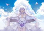  1girl :d aircraft airplane azur_lane blue_eyes blush bouquet breasts cherry_blossoms cleavage clouds commentary_request dress flight_deck flower highres illustrious_(azur_lane) ji_yue large_breasts low_twintails medium_hair mole mole_under_eye open_mouth petals short_dress smile solo tiara twintails wedding_dress white_dress white_hair 