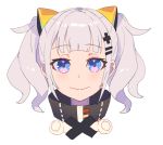  1girl blue_eyes grey_hair hair_ornament hairclip highres kaguya_luna kaguya_luna_(character) looking_at_viewer nagisa_kurousagi portrait short_hair simple_background smile solo twintails virtual_youtuber white_background 