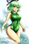  1girl breasts competition_swimsuit d-m_(dii_emu) ghost_tail green_eyes green_hair green_swimsuit hat highres loo looking_at_viewer medium_breasts one-piece_swimsuit open_mouth short_hair soga_no_tojiko solo swimsuit tate_eboshi touhou 