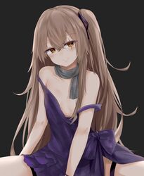  1girl absurdres alternate_costume arm_support bangle bangs bare_shoulders black_background blush bracelet breasts brown_eyes brown_hair casual closed_mouth collarbone crossed_bangs dress dress_slip eyebrows_visible_through_hair fingers_together girls_frontline hair_between_eyes head_tilt highres jewelry long_hair looking_at_viewer mounting no_bra one_side_up purple_dress purple_ribbon ribbon ru_zhai scar scar_across_eye scarf sidelocks simple_background small_breasts smile spread_legs thighs ump45_(girls_frontline) 