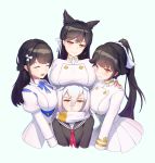  4girls ancle_(aruncle) animal_ears atago_(azur_lane) azur_lane black_hair blush breast_envy breast_rest breasts breasts_on_head brown_eyes choukai_(azur_lane) closed_eyes dated eyebrows_visible_through_hair girl_sandwich hair_between_eyes hair_ornament hair_ribbon hand_on_another&#039;s_shoulder highres large_belt long_hair long_sleeves maya_(azur_lane) military military_uniform mole mole_under_eye multiple_girls naval_uniform open_mouth ponytail ribbon sandwiched scarf school_uniform serafuku smile takao_(azur_lane) uniform white_hair 