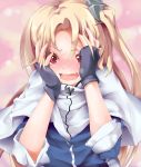  1girl azur_lane blonde_hair blush capelet cleveland_(azur_lane) commentary_request embarrassed fingerless_gloves gloves hands_on_own_face long_hair looking_at_viewer matamataro one_side_up red_eyes solo wavy_mouth 