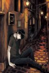  1boy alley black_hair black_pants cia0_cia door foot_out_of_frame knee_up lamppost looking_down male_focus night original outdoors pale_skin pants shirt sitting solo t-shirt 