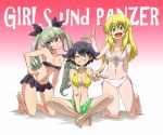  3girls anchovy aono3 arm_behind_back arm_up bangs barefoot bikini bikini_shorts bikini_skirt black_bikini black_hair black_ribbon blonde_hair braid breasts brown_eyes carpaccio cleavage closed_mouth collarbone commentary_request copyright_name drill_hair eyebrows_visible_through_hair front-tie_bikini front-tie_top frown gesture girls_und_panzer gradient gradient_background green_bikini_bottom green_eyes green_hair grin hair_ribbon hand_on_hip head_tilt kneeling leaning_to_the_side long_hair looking_at_viewer looking_away medium_breasts mismatched_bikini multiple_girls navel one_eye_closed open_mouth pepperoni_(girls_und_panzer) purple_background red_eyes ribbon short_hair shorts side-tie_bikini side_braid sitting smile strapless strapless_bikini swimsuit twin_drills twintails v v-shaped_eyebrows white_bikini yellow_bikini_top 