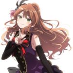  1girl bang_dream! bangs black_choker black_feathers black_sleeves blush bow bowtie brown_hair choker detached_sleeves earrings eyebrows_visible_through_hair feathers green_eyes hair_feathers half_updo highres imai_lisa index_finger_raised jewelry lace-trimmed_sleeves lace_choker long_hair looking_at_viewer pochita red_neckwear simple_background smile solo upper_body white_background 
