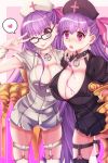  2girls bb_(fate/extra_ccc) bb_shot! black_legwear blush bow breasts cleavage eyebrows_visible_through_hair fate/extra fate/extra_ccc fate/grand_order fate_(series) glasses hair_between_eyes hair_bow hat highres huge_breasts long_hair looking_at_viewer multiple_girls navel nurse nurse_cap passion_lip purple_hair short_sleeves smile syringe thigh-highs tongue tongue_out v very_long_hair violet_eyes white_legwear wrist_cuffs 