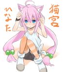  1girl ahoge animal_ears armpits arms_up bike_shorts blue_eyes boots cat_ears choker clenched_hands hair_bobbles hair_ornament highres hinata_channel long_hair low_twintails mismatched_legwear nekomiya_hinata orange_legwear paw_pose shorts sketch solo striped striped_legwear thigh-highs twintails vest virtual_youtuber watch watch white_footwear white_vest yamaguchi_satoshi 