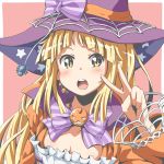  1girl :o bang_dream! bangs blonde_hair blush bow bowtie breasts bug cleavage hat hat_bow headset jack-o&#039;-lantern long_hair long_sleeves looking_at_viewer pink_background print_hat purple_bow purple_neckwear riai_(onsen) silk simple_background solo spider spider_web star star_print striped striped_bow striped_neckwear tsurumaki_kokoro upper_body v witch_hat yellow_eyes 