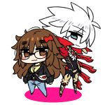  1boy 1girl :3 bag belt between_breasts black_bodysuit blue_eyes blue_pants blush bodysuit boots bow brown_eyes brown_hair chan_co character_request chibi closed_mouth commentary_request denim eyebrows_visible_through_hair eyeshadow fate/apocrypha fate_(series) hair_bow jeans karna_(fate) legs_apart long_hair looking_at_viewer makeup messy_hair pants red_bow shoulder_bag simple_background smile strap_cleavage white_background white_hair 