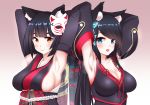 2girls :d animal_ears armpits arms_up azur_lane bangs black_dress black_kimono blue_eyes blunt_bangs blush breasts brown_background butterfly_hair_ornament cat_ears cat_mask cleavage closed_mouth commentary_request detached_sleeves dress eyebrows_visible_through_hair fusou_(azur_lane) gradient gradient_background hair_ornament highres japanese_clothes kimono large_breasts leng_xiao long_sleeves looking_at_viewer mask mask_on_head multiple_girls open_mouth red_eyes sideboob sleeveless sleeveless_kimono smile upper_body white_background yamashiro_(azur_lane) 