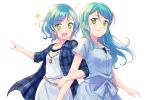  +_+ 2girls :d aqua_hair bang_dream! blue_dress blue_shirt blush dress eyebrows_visible_through_hair green_eyes hikawa_hina hikawa_sayo jewelry locked_arms long_hair multiple_girls necklace open_mouth plaid plaid_shirt pointing shati shirt short_hair short_sleeves siblings side_braids simple_background sisters sleeves_folded_up smile sparkle sparkling_eyes twins white_background white_dress 