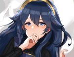  1girl bangs bed_sheet blue_eyes blue_hair face fire_emblem fire_emblem:_kakusei fire_emblem_heroes hair_between_eyes hair_ornament hairband hand_to_own_mouth long_hair long_sleeves looking_at_viewer lucina ormille ribbed_sweater solo sweater 
