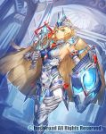  1girl armor big_hair blonde_hair breasts cardfight!!_vanguard closed_mouth commentary_request elbow_gloves eyebrows_visible_through_hair gauntlets gloves green_eyes helmet holding holding_sword holding_weapon long_hair melon22 official_art shield sideboob smile solo standing sword very_long_hair watermark weapon 