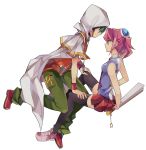  1boy 1girl black_legwear blue_eyes choker fan green_hair green_pants hiiragi_yuzu holding holding_fan pants paper_fan pink_footwear pink_hair pleated_skirt profile red_eyes red_footwear red_shirt red_skirt redhead rento_(rukeai) sakaki_yuuya shirt shoes short_sleeves skirt sleeveless smile spiky_hair thigh-highs yu-gi-oh! yuu-gi-ou_arc-v 