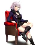  1girl ahoge armchair black_dress boots breasts chair cleavage dress eyebrows_visible_through_hair fate/grand_order fate_(series) full-length_zipper fur_collar fur_trim hair_between_eyes high_heel_boots high_heels highres jacket jeanne_d&#039;arc_(alter)_(fate) jeanne_d&#039;arc_(fate)_(all) kano_(kanokano44) large_breasts legs_crossed long_hair necktie pale_skin short_dress silver_hair sitting solo white_background yellow_eyes zipper 