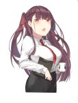  1girl absurdres bangs black_skirt blush breasts clipboard collared_shirt cup eyebrows_visible_through_hair girls_frontline hair_ribbon half_updo high-waist_skirt highres holding holding_clipboard holding_cup large_breasts long_hair long_sleeves looking_at_viewer necktie one_side_up open_mouth purple_hair red_eyes ribbon shirt simple_background skirt solo tittu tsundere tsurime very_long_hair wa2000_(girls_frontline) white_background white_shirt 