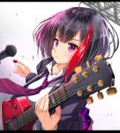  1girl bang_dream! bangs black_hair blurry collared_shirt commentary_request depth_of_field electric_guitar guitar highres holding holding_instrument instrument jacket letterboxed mad_(hazukiken) microphone mitake_ran multicolored_hair necktie plectrum purple_neckwear redhead scaffolding shirt short_hair solo streaked_hair striped_neckwear violet_eyes white_shirt 