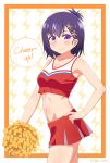  1girl bangs bare_shoulders cheerleader collarbone crop_top english eyebrows_visible_through_hair gabriel_dropout hair_ornament hairclip hand_on_hip highres midriff miniskirt navel nyaroon pleated_skirt pom_poms purple_hair short_hair skirt smile solo speech_bubble stomach tank_top topknot tsukinose_vignette_april violet_eyes x_hair_ornament 