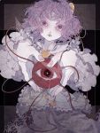  1girl blouse buttons commentary_request cowboy_shot floral_print frilled_shirt_collar frilled_sleeves frills hairband heart komeiji_satori long_sleeves looking_at_viewer orabi parted_lips purple_hair short_hair skirt solo third_eye touhou violet_eyes 