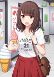  1girl :d bag bangs blush brown_eyes brown_hair clothes_writing collarbone crescent crescent_necklace directional_arrow english eyebrows_visible_through_hair food food_on_face handbag holding holding_food ice_cream ice_cream_cone ice_cream_on_face indoors jewelry long_hair looking_at_viewer nakamura_sumikage necklace open_mouth original pleated_skirt red_skirt revision shirt short_sleeves shoulder_bag sign skirt smile soft_serve solo tile_floor tiles translated white_shirt 