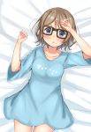  1girl blue_eyes breasts camisole glasses grey_hair highres love_live! love_live!_sunshine!! lying medium_breasts mtr_333 on_bed open_mouth short_hair short_sleeves solo watanabe_you 