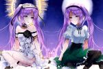  2girls bare_shoulders black_ribbon blush choker commentary dress dual_persona fate/grand_order fate_(series) frilled_skirt frills full_moon green_skirt hairband halo lolita_hairband long_hair looking_at_viewer moon multiple_girls nekoyamiyako open_mouth puffy_short_sleeves puffy_sleeves purple_hair ribbon shirt short_sleeves sitting skirt smile stheno strapless strapless_dress symmetry twintails very_long_hair violet_eyes white_dress white_shirt 