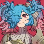  1girl absurdres armor bangs blue_hair bow closed_mouth eyebrows eyelashes fire_emblem fire_emblem_if gradient_hair grey_bow grey_hairband hair_over_one_eye hairband highres huge_filesize long_hair messy_hair multicolored_hair pieri_(fire_emblem_if) pink_hair red_background red_eyes reiesu_(reis) simple_background smile solo striped striped_bow turtleneck twintails two-tone_hair 