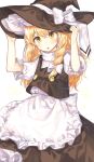  1girl :o adjusting_clothes adjusting_hat apron black_skirt black_vest blonde_hair blush bow braid cheunes commentary double-breasted eyebrows_visible_through_hair frilled_apron frilled_sleeves frills hair_bow hat hat_bow kirisame_marisa long_hair long_skirt open_mouth puffy_short_sleeves puffy_sleeves shirt short_sleeves side_braid skirt skirt_set solo touhou very_long_hair vest white_apron white_background white_bow white_shirt witch_hat yellow_eyes 