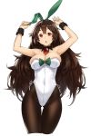  1girl armpits arms_up ass_visible_through_thighs bare_shoulders breasts brooch brown_hair brown_legwear cleavage covered_navel cowboy_shot detached_collar hairband highres houtengeki jewelry large_breasts leotard long_hair pantyhose red_eyes reiuji_utsuho side-tie_leotard simple_background solo thigh_gap touhou very_long_hair white_background wrist_cuffs 