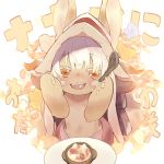  1girl animal_ears arms_up bangs blush colored_eyelashes eating eyebrows_visible_through_hair fang food food_in_mouth furry hajime_(hajime-ill-1st) hands_on_own_face hat highres holding holding_spoon horns long_hair looking_at_viewer made_in_abyss marshmallow nanachi_(made_in_abyss) navel nose_blush open_mouth paws plate rabbit_ears smile solo soup spoon upper_body upper_teeth white_hair yellow_eyes 