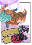  2boys belt blue_eyes blue_hair blurry boots clenched_hand copyright_name dougi dragon_ball dragon_ball_super dragonball_z energy_ball face_punch fighting_stance flying full_body hit_(dragon_ball) in_the_face looking_at_another male_focus multiple_boys punching red_eyes serious short_hair sleeveless son_gokuu spiky_hair wristband 