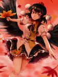  1girl autumn_leaves black_hair black_neckwear black_wings bloomers collared_shirt cowboy_shot frilled_skirt frills hat hauchiwa highres kuya_(hey36253625) leaf looking_at_viewer pointy_ears pom_pom_(clothes) puffy_short_sleeves puffy_sleeves red_eyes red_hat shameimaru_aya shirt short_sleeves skirt smile socks solo tokin_hat touhou underwear white_legwear wings 