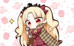  1girl absurdres bangs blonde_hair blush bow cactus cape closed_mouth commentary_request earrings ereshkigal_(fate/grand_order) eyebrows_visible_through_hair fate/grand_order fate_(series) hair_bow highres holding infinity jako_(jakoo21) jewelry long_hair long_sleeves magnifying_glass parted_bangs plaid plaid_cape pot red_bow red_eyes short_jumpsuit solo sparkle tiara two_side_up very_long_hair white_background 