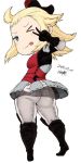  1girl ahoge ass blonde_hair blue_eyes boots bow bravely_default:_flying_fairy bravely_default_(series) edea_lee from_behind gloves hair_bow looking_at_viewer one_eye_closed pants skirt solo tsukudani_(coke-buta) upskirt v white_legwear 