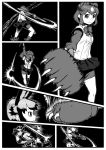  2girls african_wild_dog_(kemono_friends) african_wild_dog_print animal_ears ass bear_ears bear_girl bear_paw_hammer bear_tail bike_shorts bodystocking brown_bear_(kemono_friends) closed_mouth comic dodging dog_ears dog_girl dog_tail expressionless fighting_stance greyscale highres holding holding_weapon kemono_friends kishida_shiki looking_at_another monochrome multiple_girls pocket shirt short_hair short_shorts short_sleeves shorts shorts_under_skirt silent_comic skirt solo_focus speed_lines tail weapon 