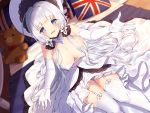  1girl :d absurdres azur_lane bangs bare_shoulders bed blue_eyes blurry blurry_background blush breasts cleavage commentary_request depth_of_field detached_collar dress dutch_angle elbow_gloves eyebrows_visible_through_hair flag_print garter_straps gloves hat highres illustrious_(azur_lane) indoors large_breasts long_hair looking_at_viewer low_twintails on_bed open_mouth outstretched_arms pillow print_pillow silver_hair sitting smile solo strapless strapless_dress stuffed_animal stuffed_toy teddy_bear thigh-highs twintails union_jack usamata very_long_hair white_collar white_dress white_gloves white_hat white_legwear 